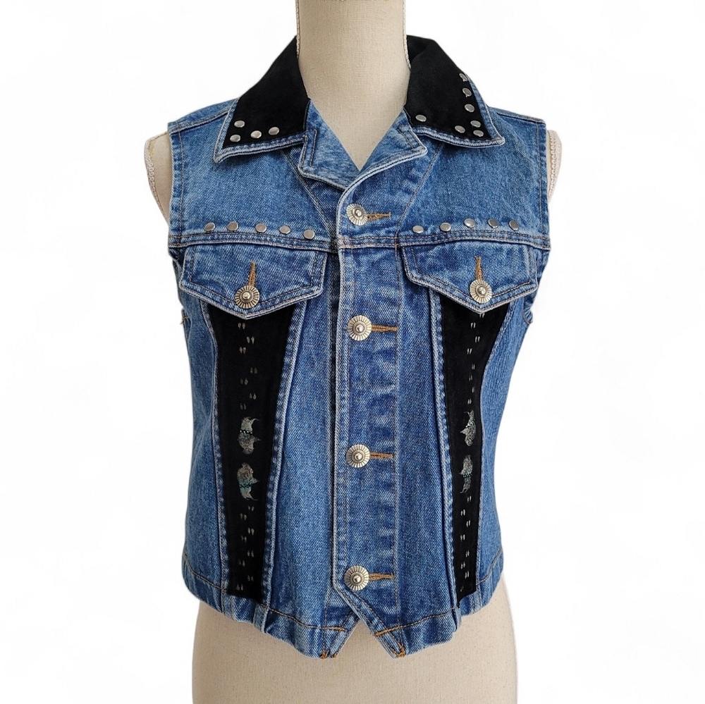 Vintage Patricia Wolf Vest‎ Size S Hand-Painted Suede & Denim Western Vest Shirt